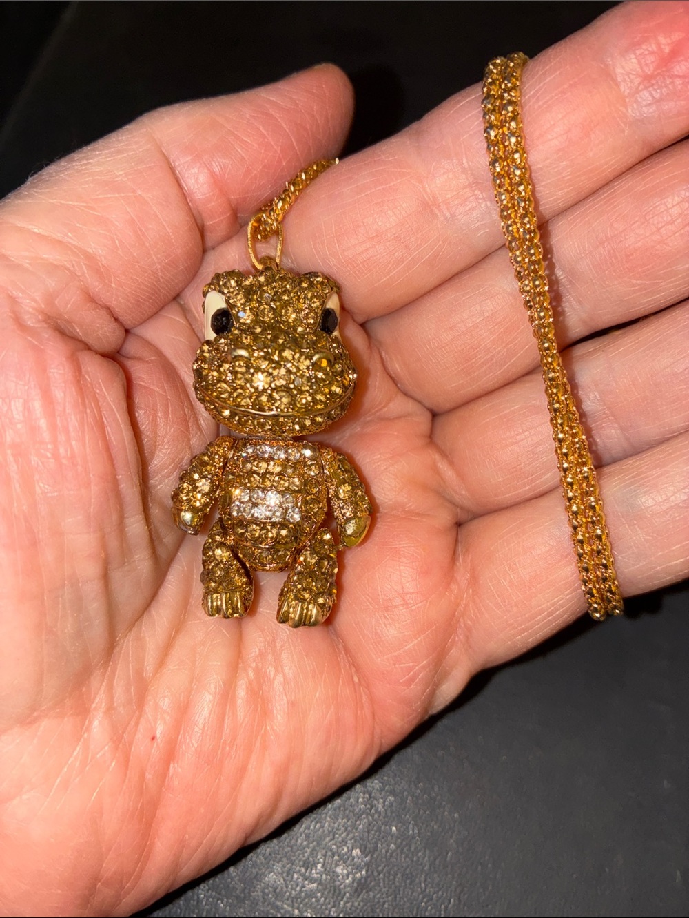 Gold Crystal Dinosaur Pendant Necklace. Moveable Head, One Arm and Both Legs.
